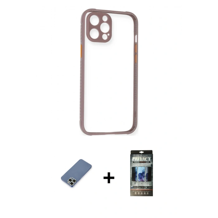 MARSİLYAN™- iPhone 12 Pro Kılıf Nova Asil Özel Seri - Siyah 34D Hayalet Izgaralı Cam + Metal Kamera Lens Koruma Cam - AKYL