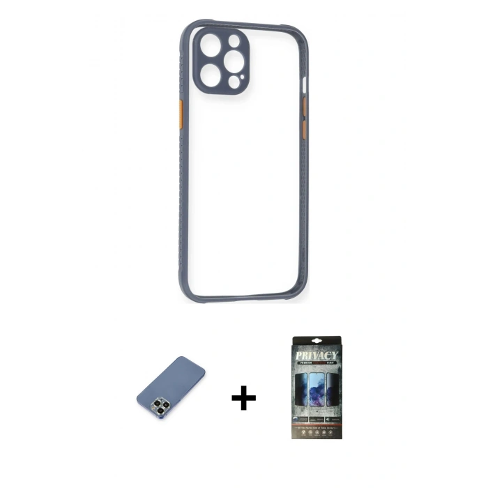 MARSİLYAN™- iPhone 12 Pro Kılıf Nova Asil Özel Seri - Siyah 34D Hayalet Izgaralı Cam + Metal Kamera Lens Koruma Cam - AKYL