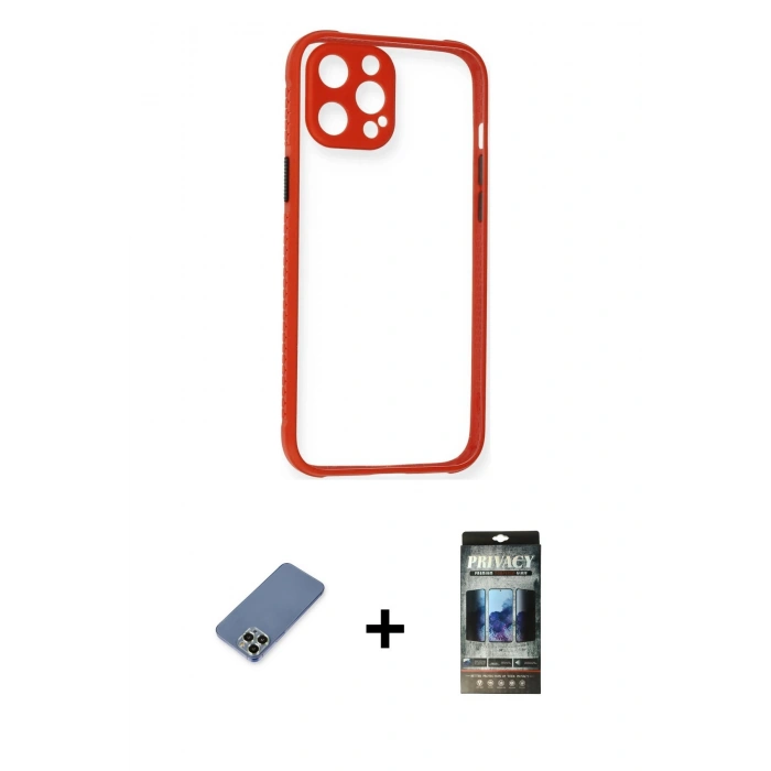 MARSİLYAN™- iPhone 12 Pro Kılıf Nova Asil Özel Seri - Siyah 34D Hayalet Izgaralı Cam + Metal Kamera Lens Koruma Cam - AKYL