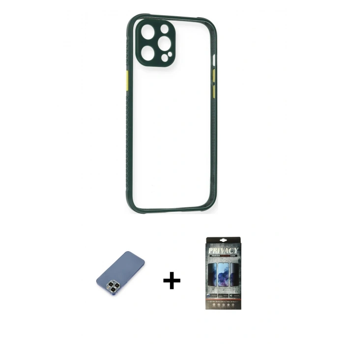 MARSİLYAN™- iPhone 12 Pro Kılıf Nova Asil Özel Seri - Siyah 34D Hayalet Izgaralı Cam + Metal Kamera Lens Koruma Cam - AKYL