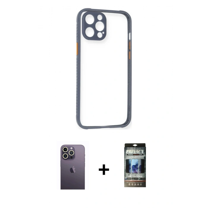MARSİLYAN™- iPhone 12 Pro Kılıf Nova Asil Özel Seri - Siyah 34D Hayalet Izgaralı Cam + Neon Fosforlu Kamera Lens - BZ