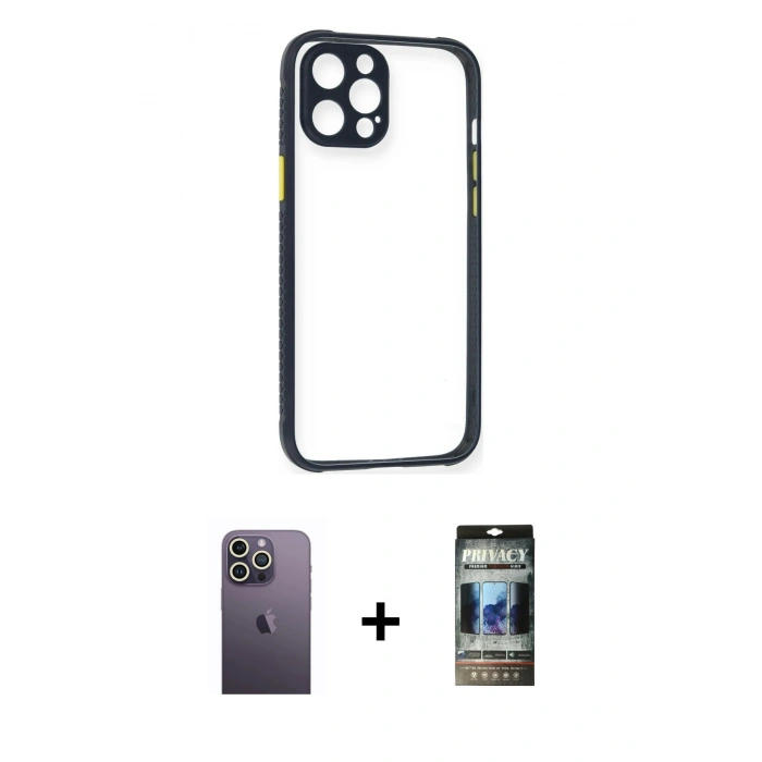 MARSİLYAN™- iPhone 12 Pro Kılıf Nova Asil Özel Seri - Siyah 34D Hayalet Izgaralı Cam + Neon Fosforlu Kamera Lens - BZ