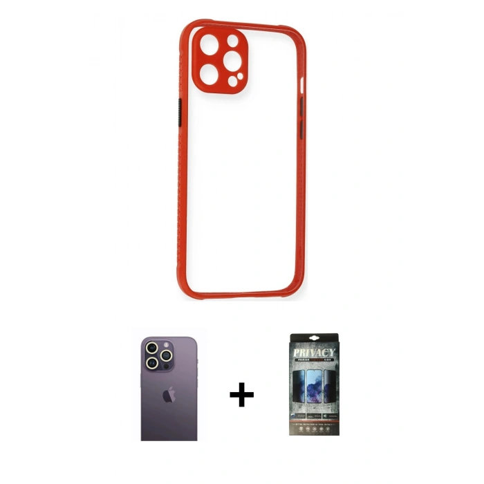 MARSİLYAN™- iPhone 12 Pro Kılıf Nova Asil Özel Seri - Siyah 34D Hayalet Izgaralı Cam + Neon Fosforlu Kamera Lens - BZ