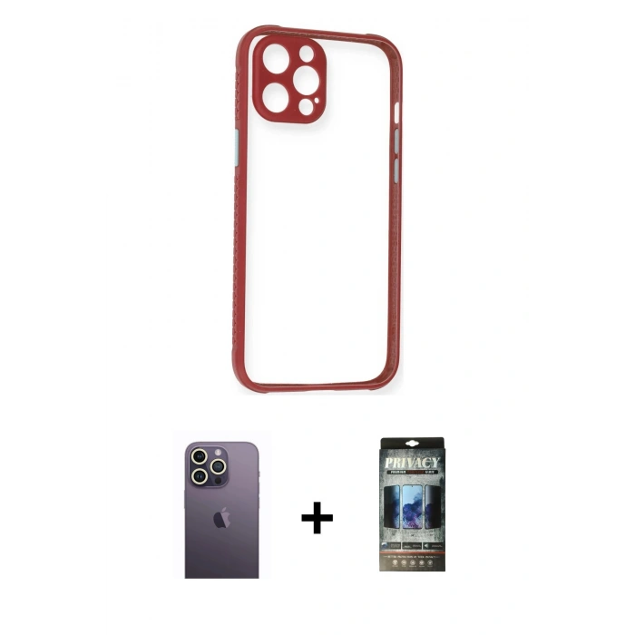 MARSİLYAN™- iPhone 12 Pro Kılıf Nova Asil Özel Seri - Siyah 34D Hayalet Izgaralı Cam + Neon Fosforlu Kamera Lens - BZ