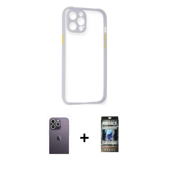 MARSİLYAN™- iPhone 12 Pro Kılıf Nova Asil Özel Seri - Siyah 34D Hayalet Izgaralı Cam + Neon Fosforlu Kamera Lens - BZ