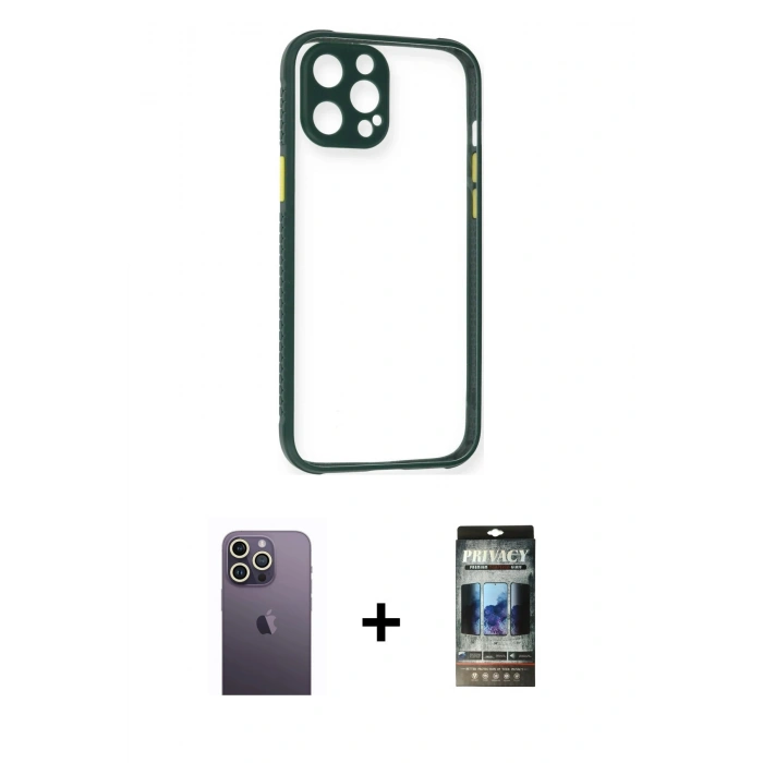 MARSİLYAN™- iPhone 12 Pro Kılıf Nova Asil Özel Seri - Siyah 34D Hayalet Izgaralı Cam + Neon Fosforlu Kamera Lens - BZ