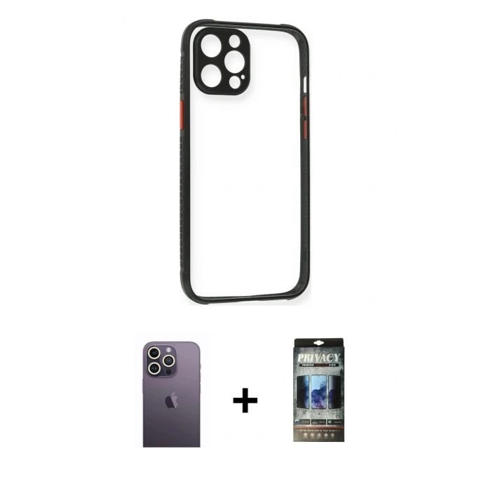 MARSİLYAN™- iPhone 12 Pro Kılıf Nova Asil Özel Seri - Siyah 34D Hayalet Izgaralı Cam + Neon Fosforlu Kamera Lens - BZ