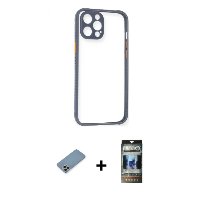 MARSİLYAN™- iPhone 12 Pro Kılıf Nova Asil Özel Seri - Siyah 34D Hayalet Izgaralı Cam + Shine Kamera Lens Koruma Cam - GI