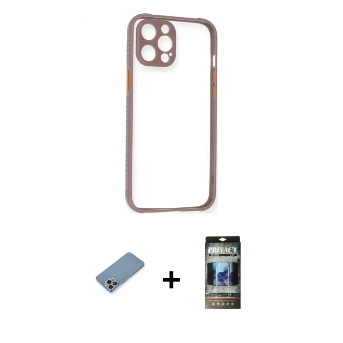 MARSİLYAN™- iPhone 12 Pro Kılıf Nova Asil Özel Seri - Siyah 34D Hayalet Izgaralı Cam + Shine Kamera Lens Koruma Cam - GI