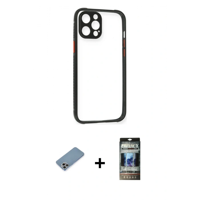 MARSİLYAN™- iPhone 12 Pro Kılıf Nova Asil Özel Seri - Siyah 34D Hayalet Izgaralı Cam + Shine Kamera Lens Koruma Cam - GI