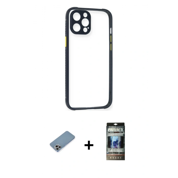 MARSİLYAN™- iPhone 12 Pro Kılıf Nova Asil Özel Seri - Siyah 34D Hayalet Izgaralı Cam + Shine Kamera Lens Koruma Cam - GI