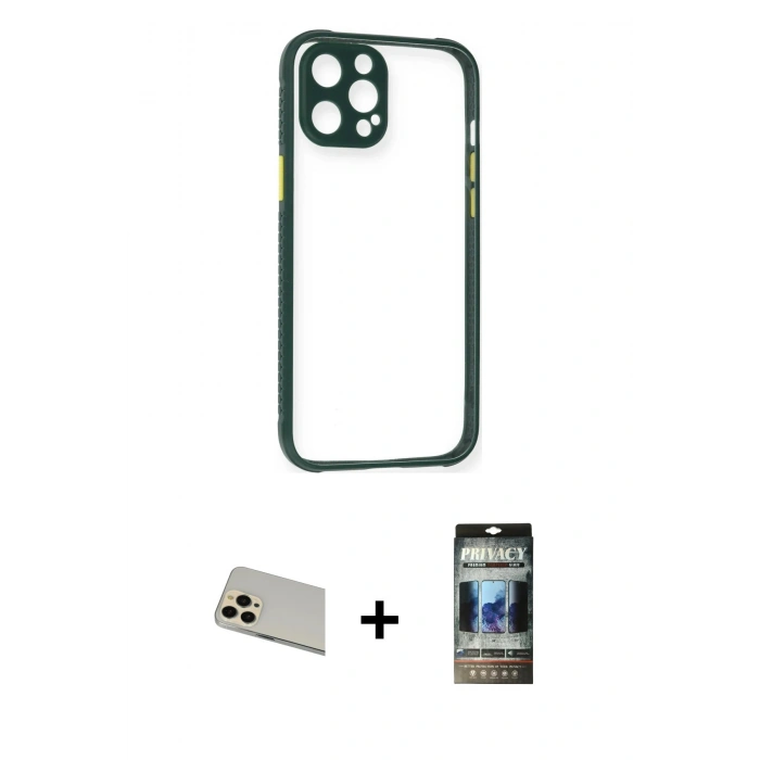 MARSİLYAN™- iPhone 12 Pro Kılıf Nova Asil Özel Seri - Siyah 34D Hayalet Izgaralı Cam + Rainbow Kamera Lens Koruma Cam - GD