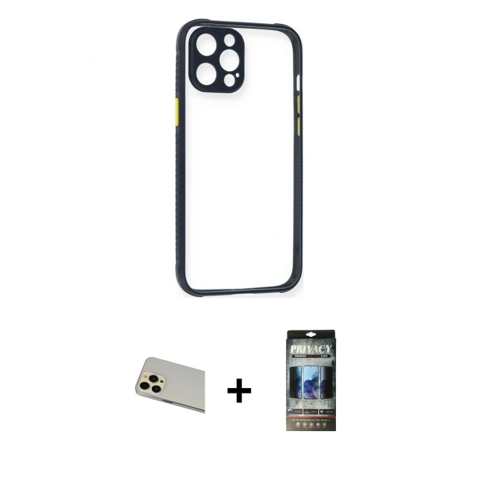 MARSİLYAN™- iPhone 12 Pro Kılıf Nova Asil Özel Seri - Siyah 34D Hayalet Izgaralı Cam + Rainbow Kamera Lens Koruma Cam - GD