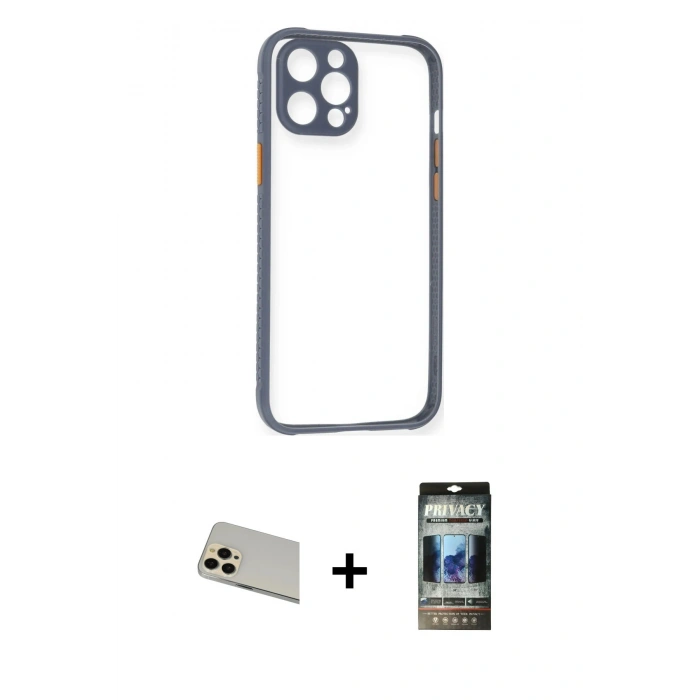 MARSİLYAN™- iPhone 12 Pro Kılıf Nova Asil Özel Seri - Siyah 34D Hayalet Izgaralı Cam + Rainbow Kamera Lens Koruma Cam - GD