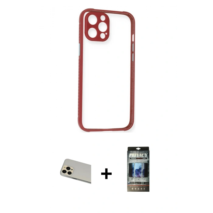 MARSİLYAN™- iPhone 12 Pro Kılıf Nova Asil Özel Seri - Siyah 34D Hayalet Izgaralı Cam + Rainbow Kamera Lens Koruma Cam - GD