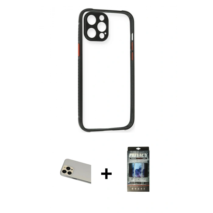 MARSİLYAN™- iPhone 12 Pro Kılıf Nova Asil Özel Seri - Siyah 34D Hayalet Izgaralı Cam + Rainbow Kamera Lens Koruma Cam - GD