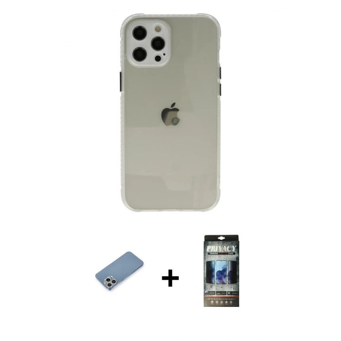 MARSİLYAN™- iPhone 12 Pro Kılıf Nova Asil Özel Seri - Siyah 34D Hayalet Izgaralı Cam + Shine Kamera Lens Koruma Cam - GS