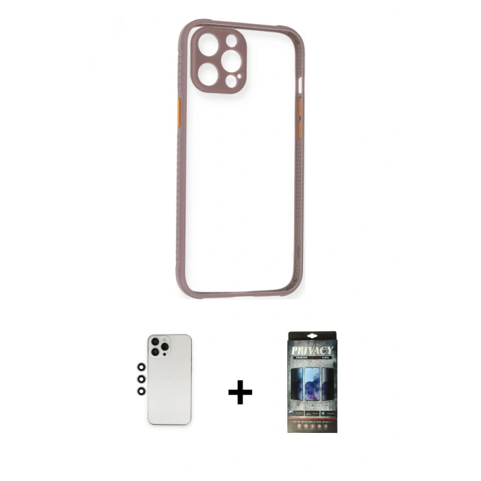 MARSİLYAN™- iPhone 12 Pro Kılıf Nova Asil Özel Seri - Siyah 34D Hayalet Izgaralı Cam + Shine Kamera Lens - GS