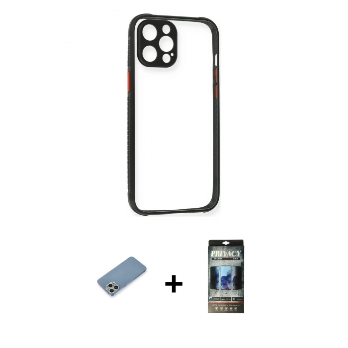 MARSİLYAN™- iPhone 12 Pro Kılıf Nova Asil Özel Seri - Siyah 34D Hayalet Izgaralı Cam + Shine Kamera Lens Koruma Cam - GS