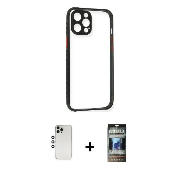 MARSİLYAN™- iPhone 12 Pro Kılıf Nova Asil Özel Seri - Siyah 34D Hayalet Izgaralı Cam + Shine Kamera Lens - GS