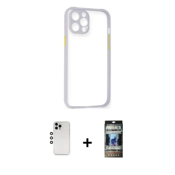 MARSİLYAN™- iPhone 12 Pro Kılıf Nova Asil Özel Seri - Siyah 34D Hayalet Izgaralı Cam + Shine Kamera Lens - GS