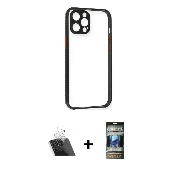 MARSİLYAN™- iPhone 12 Pro Kılıf Nova Asil Özel Seri - Siyah 34D Hayalet Izgaralı Cam + Kamera Lens Koruma Cam - SF