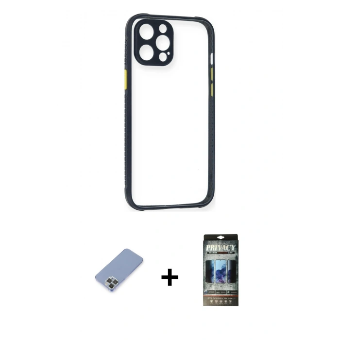 MARSİLYAN™- iPhone 12 Pro Kılıf Nova Asil Özel Seri - Siyah 34D Hayalet Izgaralı Cam + Metal Kamera Lens Koruma Cam - KUYL