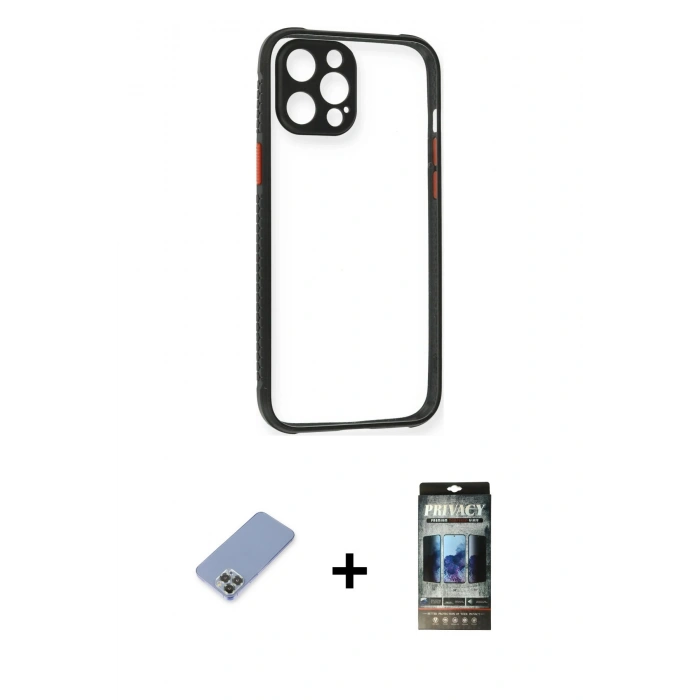 MARSİLYAN™- iPhone 12 Pro Kılıf Nova Asil Özel Seri - Siyah 34D Hayalet Izgaralı Cam + Metal Kamera Lens Koruma Cam - KUYL
