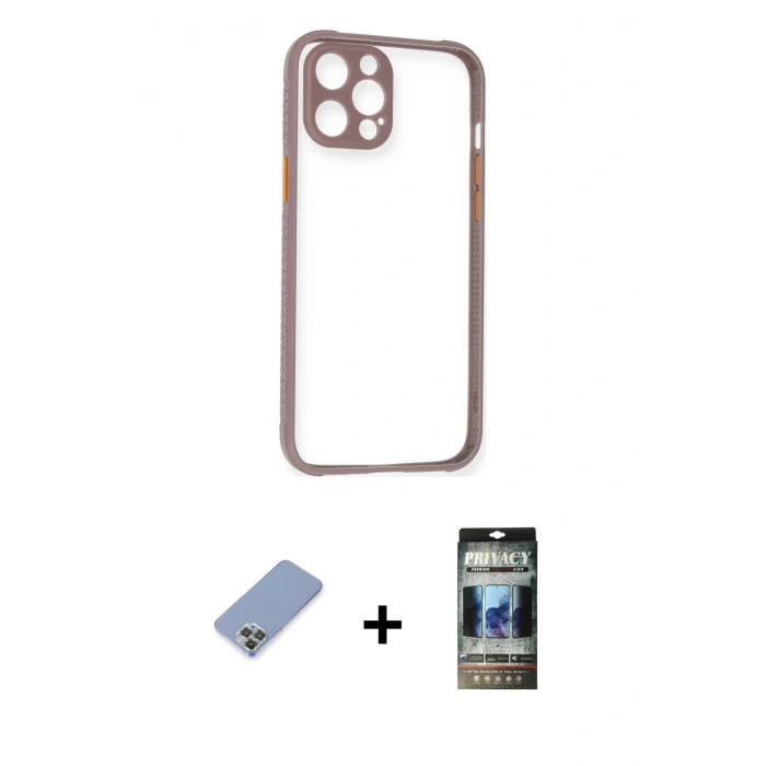 MARSİLYAN™- iPhone 12 Pro Kılıf Nova Asil Özel Seri - Siyah 34D Hayalet Izgaralı Cam + Metal Kamera Lens Koruma Cam - KUYL