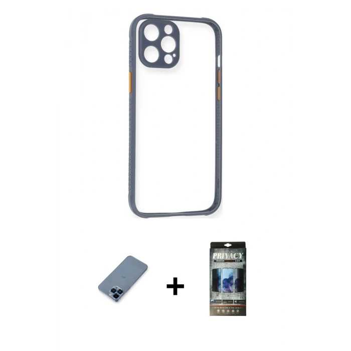 MARSİLYAN™- iPhone 12 Pro Kılıf Nova Asil Özel Seri - Siyah 34D Hayalet Izgaralı Cam + Metal Kamera Lens Koruma Cam - MI