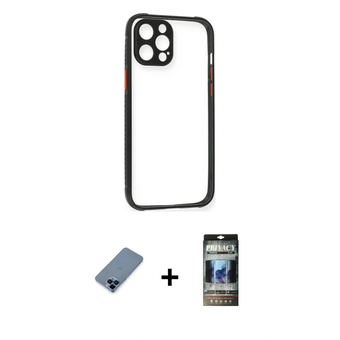 MARSİLYAN™- iPhone 12 Pro Kılıf Nova Asil Özel Seri - Siyah 34D Hayalet Izgaralı Cam + Metal Kamera Lens Koruma Cam - MI