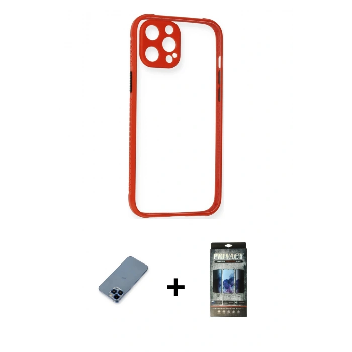 MARSİLYAN™- iPhone 12 Pro Kılıf Nova Asil Özel Seri - Siyah 34D Hayalet Izgaralı Cam + Metal Kamera Lens Koruma Cam - MI
