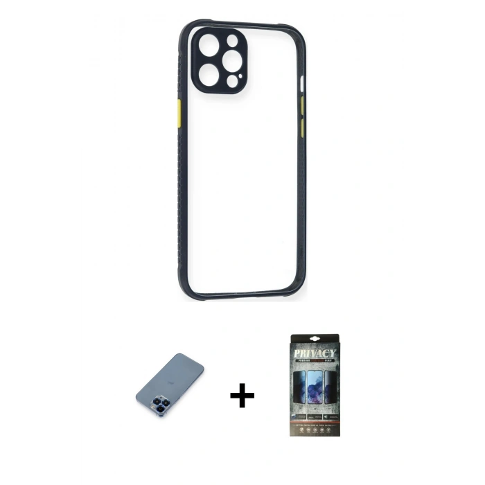 MARSİLYAN™- iPhone 12 Pro Kılıf Nova Asil Özel Seri - Siyah 34D Hayalet Izgaralı Cam + Metal Kamera Lens Koruma Cam - MI