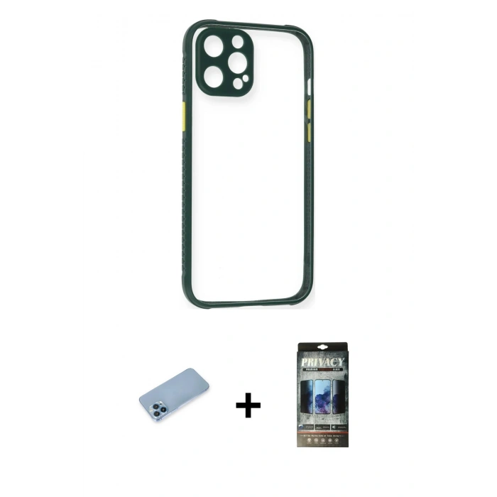 MARSİLYAN™- iPhone 12 Pro Kılıf Nova Asil Özel Seri - Siyah 34D Hayalet Izgaralı Cam + Shine Kamera Lens Koruma Cam - MI