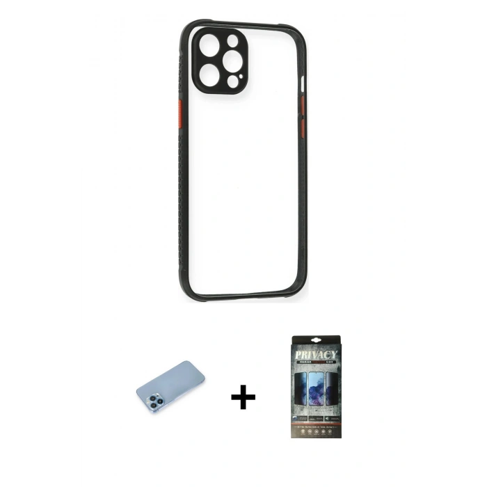MARSİLYAN™- iPhone 12 Pro Kılıf Nova Asil Özel Seri - Siyah 34D Hayalet Izgaralı Cam + Shine Kamera Lens Koruma Cam - MI