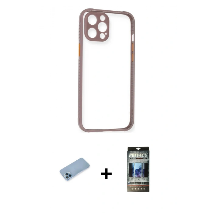 MARSİLYAN™- iPhone 12 Pro Kılıf Nova Asil Özel Seri - Siyah 34D Hayalet Izgaralı Cam + Shine Kamera Lens Koruma Cam - MI