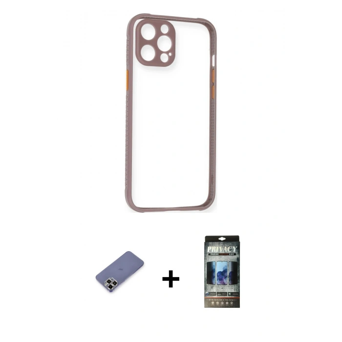 MARSİLYAN™- iPhone 12 Pro Kılıf Nova Asil Özel Seri - Siyah 34D Hayalet Izgaralı Cam + Metal Kamera Lens Koruma Cam - GD