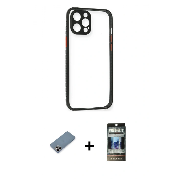 MARSİLYAN™- iPhone 12 Pro Kılıf Nova Asil Özel Seri - Siyah 34D Hayalet Izgaralı Cam + Metal Kamera Lens Koruma Cam - MR