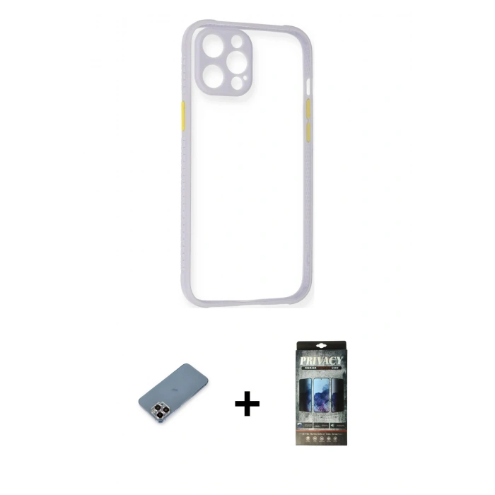 MARSİLYAN™- iPhone 12 Pro Kılıf Nova Asil Özel Seri - Siyah 34D Hayalet Izgaralı Cam + Metal Kamera Lens Koruma Cam - MR