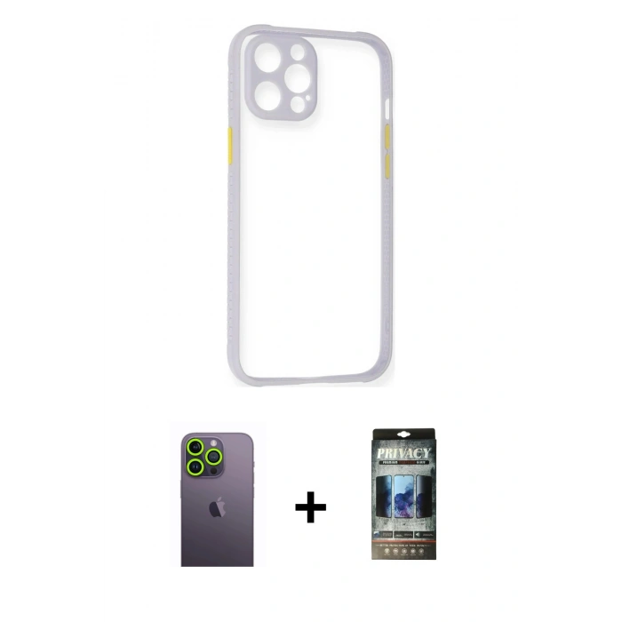 MARSİLYAN™- iPhone 12 Pro Kılıf Nova Asil Özel Seri - Siyah 34D Hayalet Izgaralı Cam + Neon Fosforlu Kamera Lens - YL