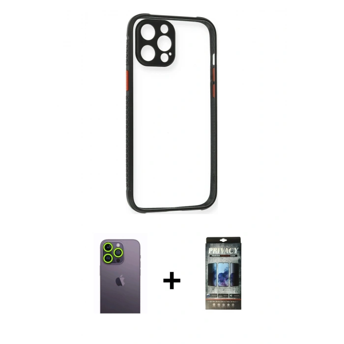MARSİLYAN™- iPhone 12 Pro Kılıf Nova Asil Özel Seri - Siyah 34D Hayalet Izgaralı Cam + Neon Fosforlu Kamera Lens - YL