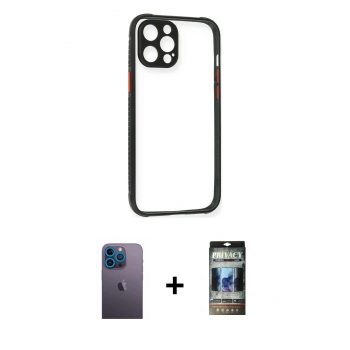 MARSİLYAN™- iPhone 12 Pro Kılıf Nova Asil Özel Seri - Siyah 34D Hayalet Izgaralı Cam + Neon Fosforlu Kamera Lens - MI