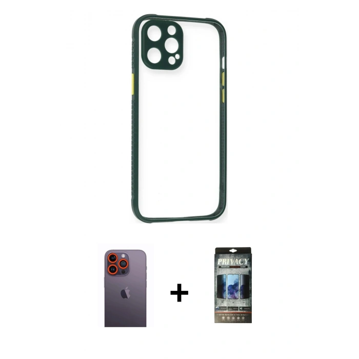 MARSİLYAN™- iPhone 12 Pro Kılıf Nova Asil Özel Seri - Siyah 34D Hayalet Izgaralı Cam + Neon Fosforlu Kamera Lens - TU
