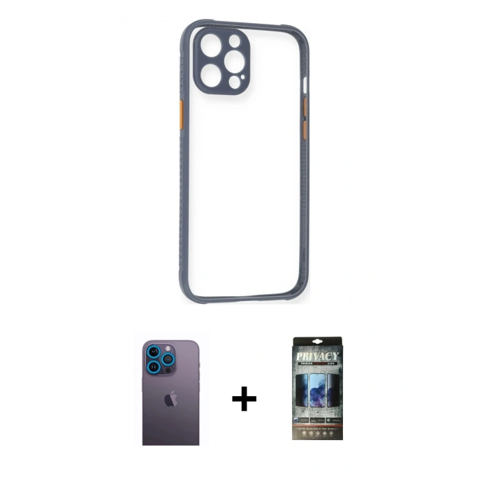 MARSİLYAN™- iPhone 12 Pro Kılıf Nova Asil Özel Seri - Siyah 34D Hayalet Izgaralı Cam + Neon Fosforlu Kamera Lens - MI