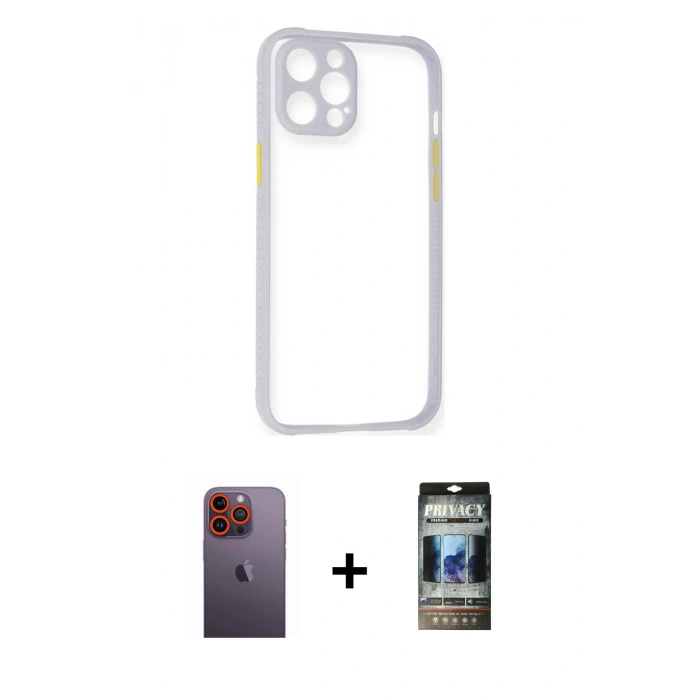 MARSİLYAN™- iPhone 12 Pro Kılıf Nova Asil Özel Seri - Siyah 34D Hayalet Izgaralı Cam + Neon Fosforlu Kamera Lens - TU