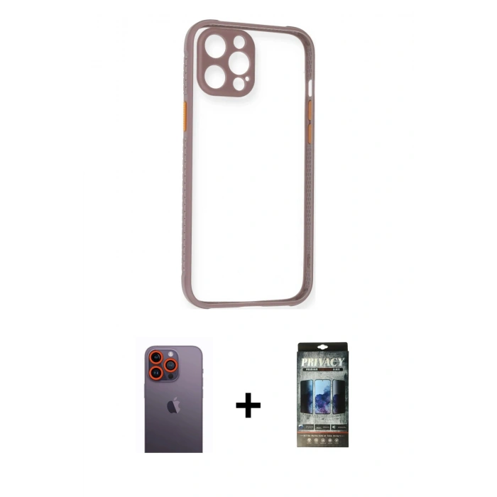 MARSİLYAN™- iPhone 12 Pro Kılıf Nova Asil Özel Seri - Siyah 34D Hayalet Izgaralı Cam + Neon Fosforlu Kamera Lens - TU