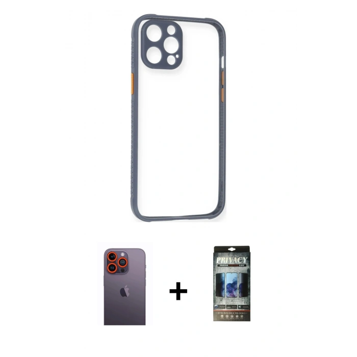 MARSİLYAN™- iPhone 12 Pro Kılıf Nova Asil Özel Seri - Siyah 34D Hayalet Izgaralı Cam + Neon Fosforlu Kamera Lens - TU