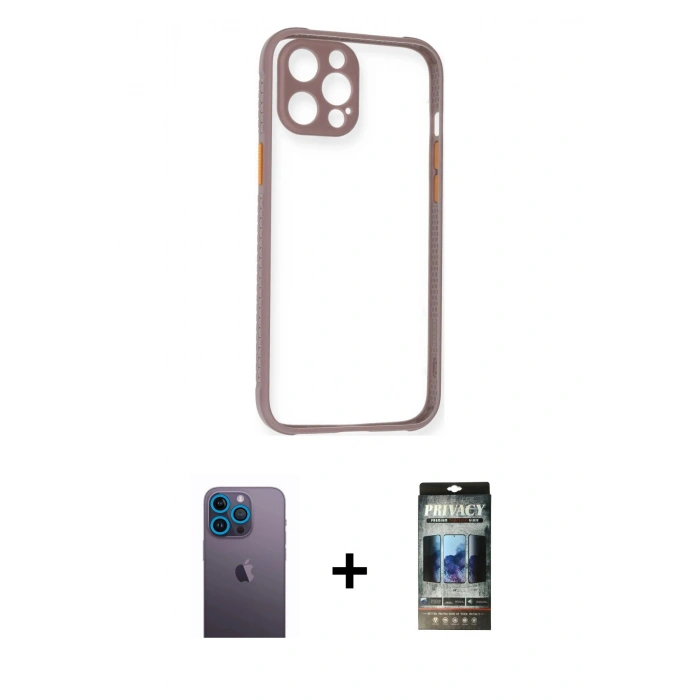 MARSİLYAN™- iPhone 12 Pro Kılıf Nova Asil Özel Seri - Siyah 34D Hayalet Izgaralı Cam + Neon Fosforlu Kamera Lens - MI