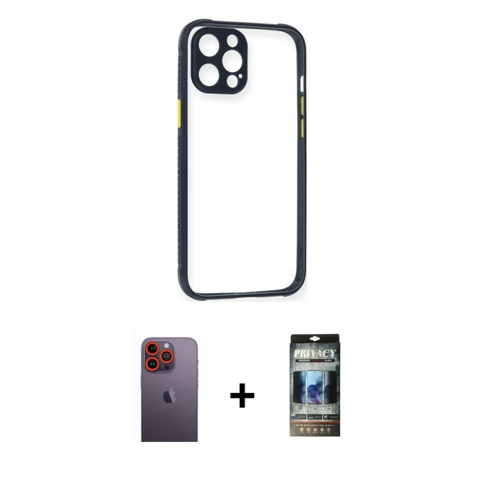 MARSİLYAN™- iPhone 12 Pro Kılıf Nova Asil Özel Seri - Siyah 34D Hayalet Izgaralı Cam + Neon Fosforlu Kamera Lens - TU