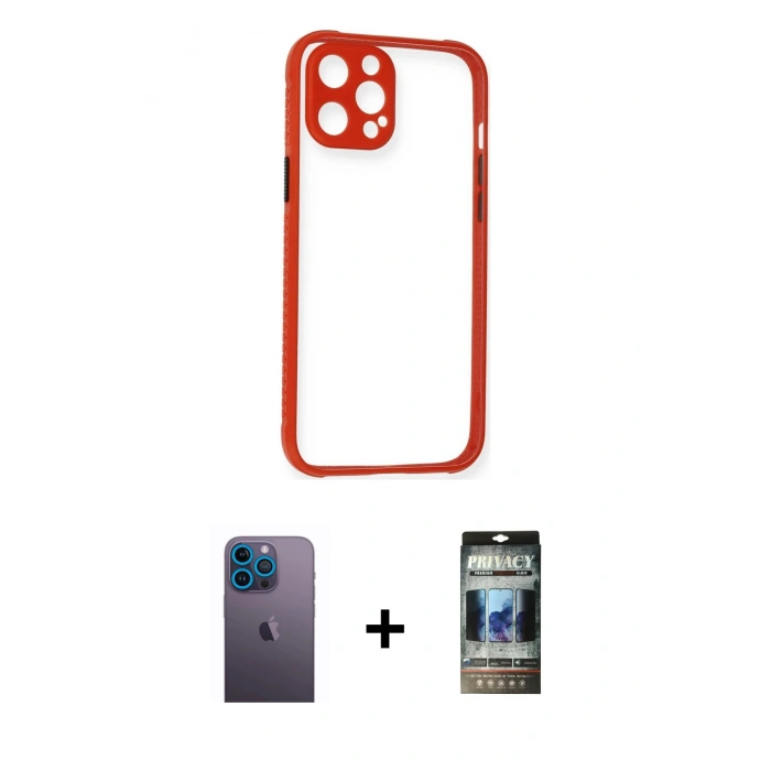 MARSİLYAN™- iPhone 12 Pro Kılıf Nova Asil Özel Seri - Siyah 34D Hayalet Izgaralı Cam + Neon Fosforlu Kamera Lens - MI